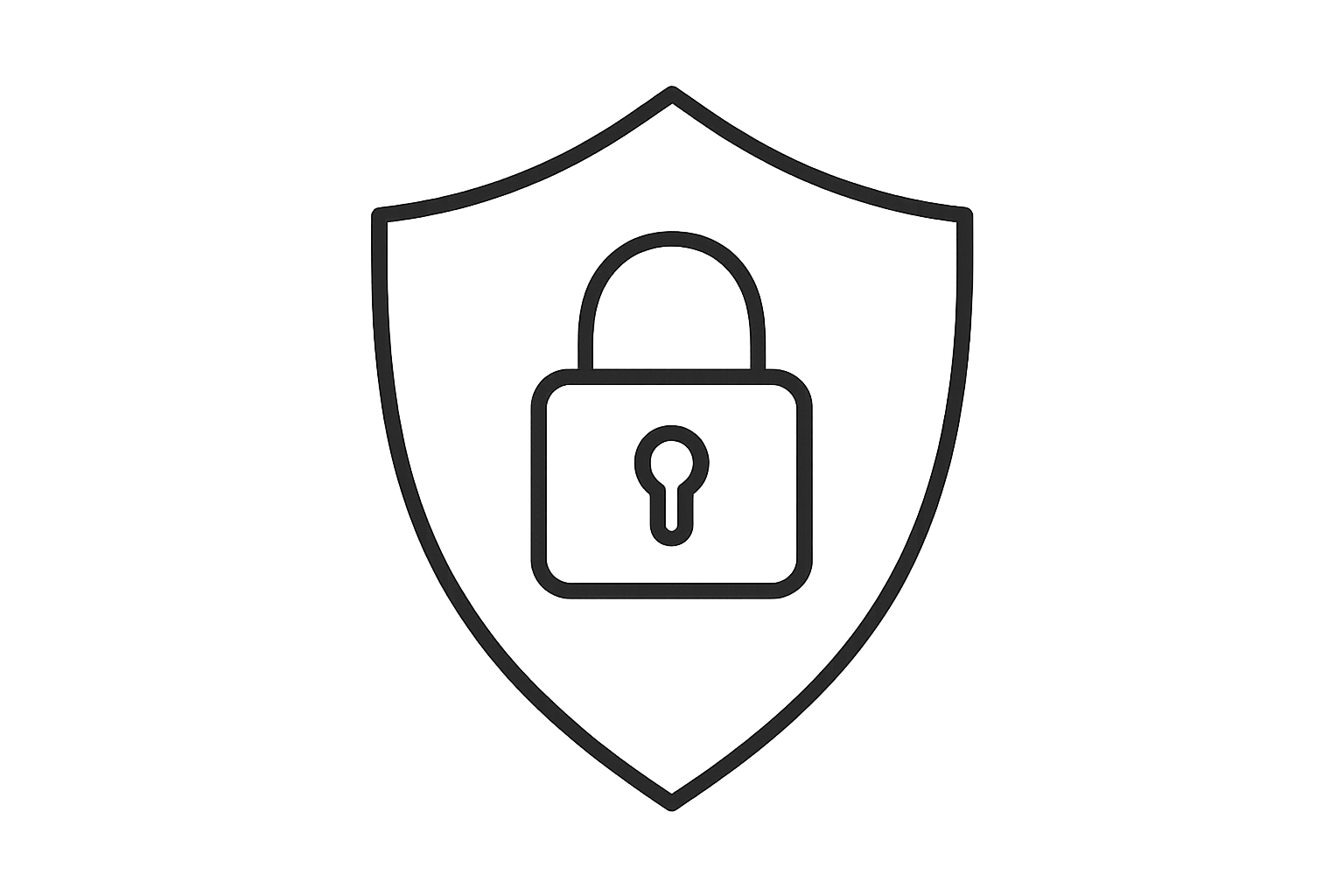 Minimalist line icon of a shield with a lock in the center, symbolizing privacy and data protection