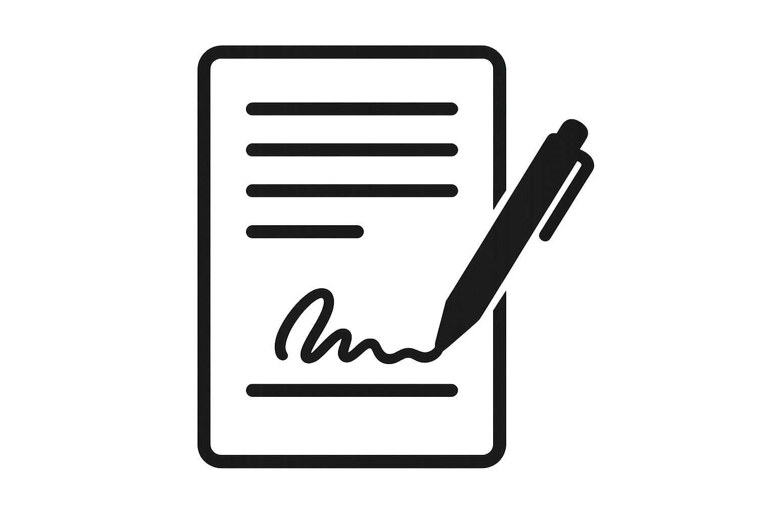 Modern flat icon of a contract or paper with a signature, simple black and white